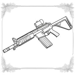 A photorealistic depiction of an automatic rifle rendered as a coloring book page