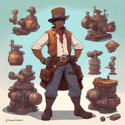 A young scoundrel fantasy engineer, wearing a mix of rugged adventurer gear and intricate mechanical gadgets