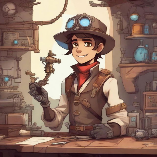 A young scoundrel fantasy engineer, wearing a mix of rugged adventurer gear and intricate mechanical gadgets