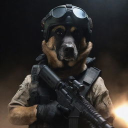 A highly-trained commando dog, decked out with a helmet and military-grade night vision goggles, wielding a minigun with unmatched precision, positioned against a dark, hazard-filled battlefield.