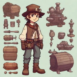 A young scoundrel fantasy engineer, wearing a mix of rugged adventurer gear and intricate mechanical gadgets