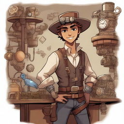 A young scoundrel fantasy engineer, wearing a mix of rugged adventurer gear and intricate mechanical gadgets