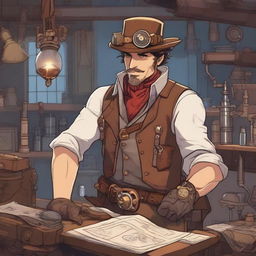 A scoundrel fantasy engineer, dressed in a mix of rugged adventurer attire and intricate mechanical gadgets