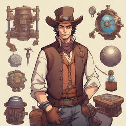 A scoundrel fantasy engineer, dressed in a mix of rugged adventurer attire and intricate mechanical gadgets