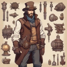 A scoundrel fantasy engineer, dressed in a mix of rugged adventurer attire and intricate mechanical gadgets