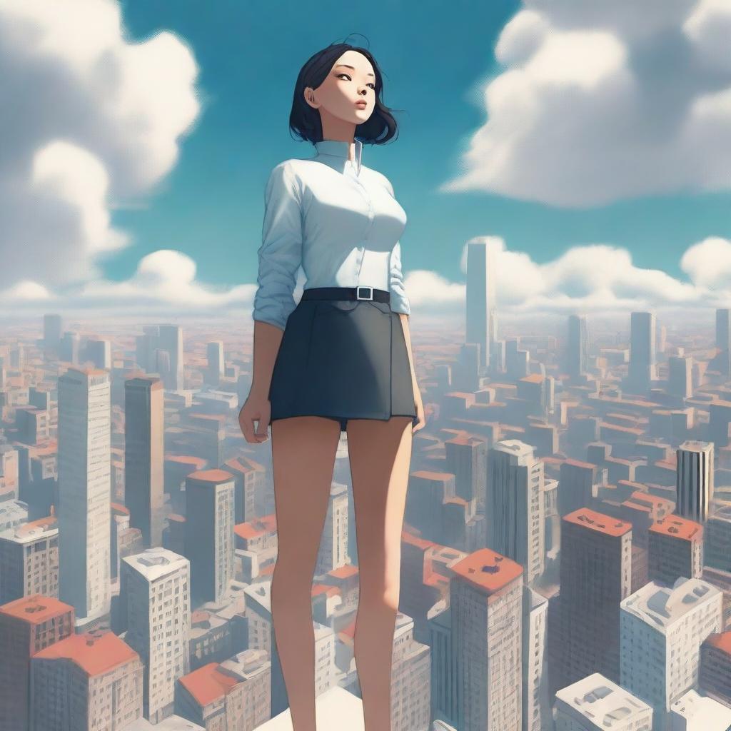 A towering giantess standing amidst a cityscape, her enormous figure casting a shadow over the buildings below