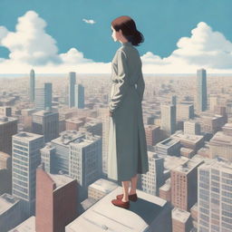 A towering giantess standing amidst a cityscape, her enormous figure casting a shadow over the buildings below