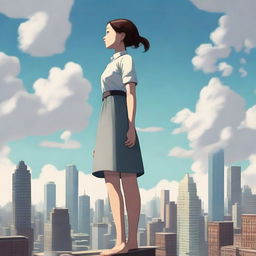 A towering giantess standing amidst a cityscape, her enormous figure casting a shadow over the buildings below