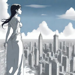 A towering giantess standing amidst a cityscape, her enormous figure casting a shadow over the buildings below