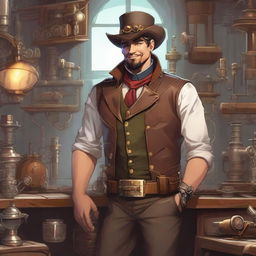 A scoundrel fantasy engineer in a steampunk setting, wearing a mix of rugged leather and intricate metallic gadgets