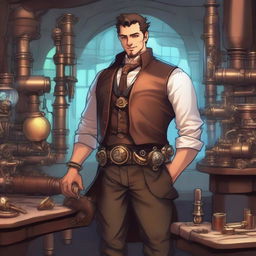 A scoundrel fantasy engineer in a steampunk setting, wearing a mix of rugged leather and intricate metallic gadgets