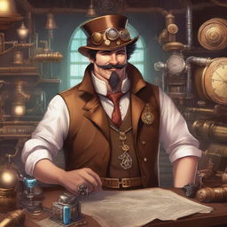 A scoundrel fantasy engineer in a steampunk setting, wearing a mix of rugged leather and intricate metallic gadgets