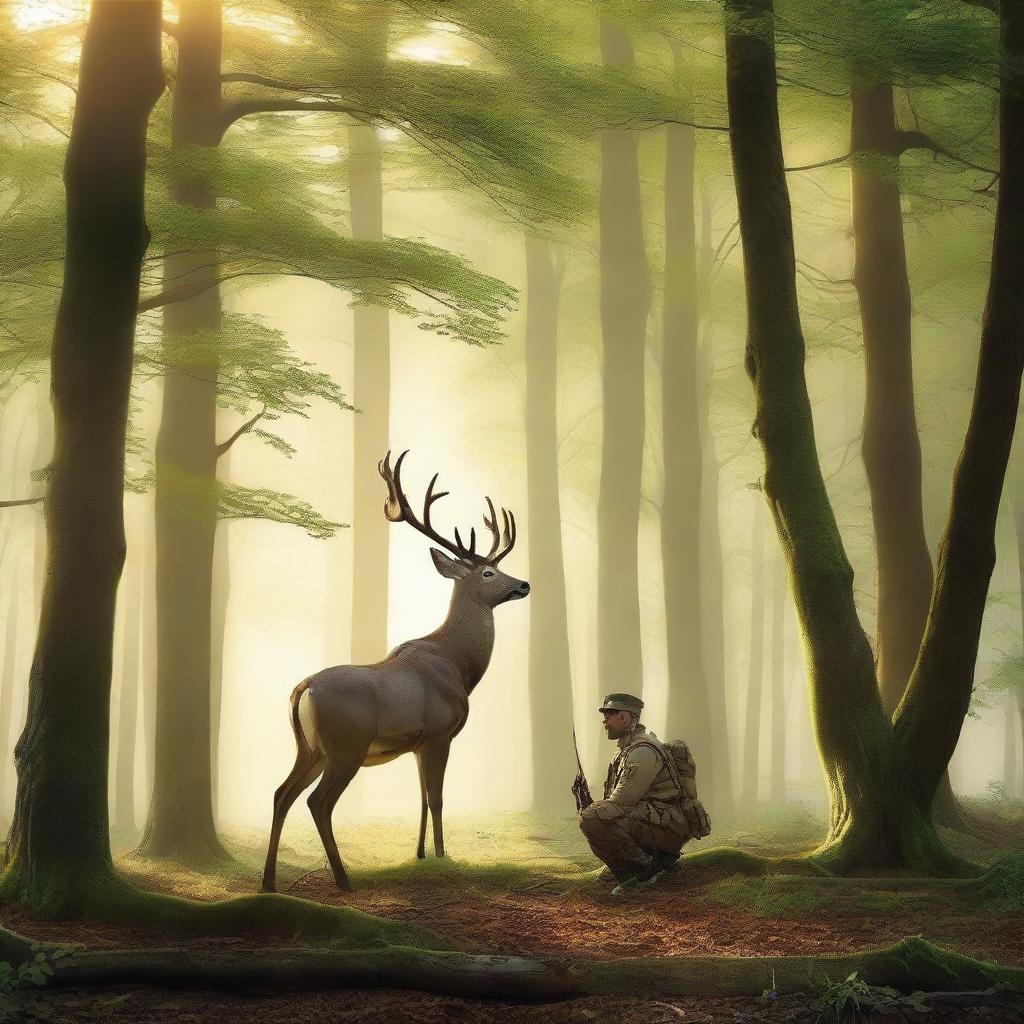 A majestic deer triumphs over a soldier in a forest setting