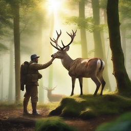 A majestic deer triumphs over a soldier in a forest setting