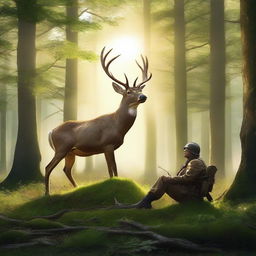 A majestic deer triumphs over a soldier in a forest setting