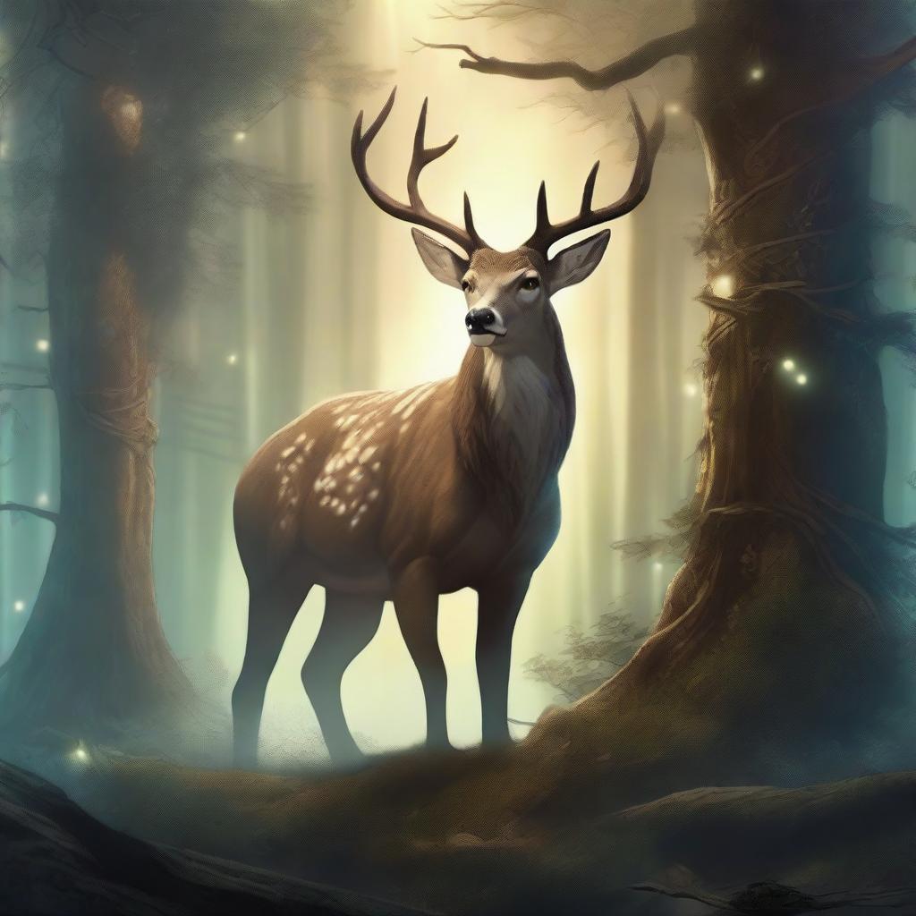 A majestic deer triumphs over a berserker in a mystical forest setting