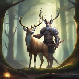 A majestic deer triumphs over a berserker in a mystical forest setting