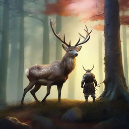 A majestic deer triumphs over a berserker in a mystical forest setting