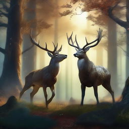 A majestic deer triumphs over a berserker in a mystical forest setting