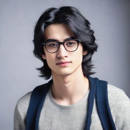 A young man with medium-length black hair, fair skin, and square glasses