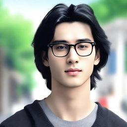 A young man with medium-length black hair, fair skin, and square glasses