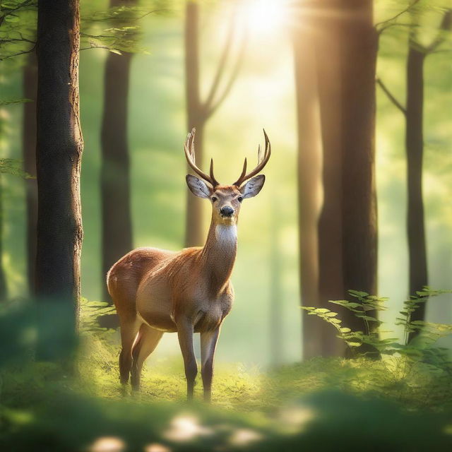 A majestic deer standing in a lush forest, surrounded by tall trees and vibrant greenery