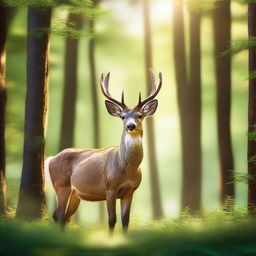 A majestic deer standing in a lush forest, surrounded by tall trees and vibrant greenery