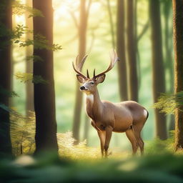 A majestic deer standing in a lush forest, surrounded by tall trees and vibrant greenery