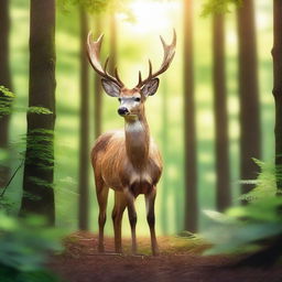 A majestic deer standing in a lush forest, surrounded by tall trees and vibrant greenery