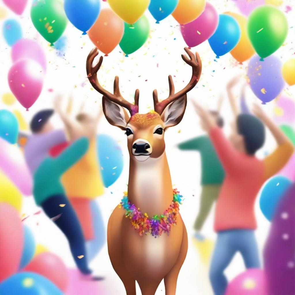 A deer at a lively party, surrounded by colorful decorations, balloons, and confetti