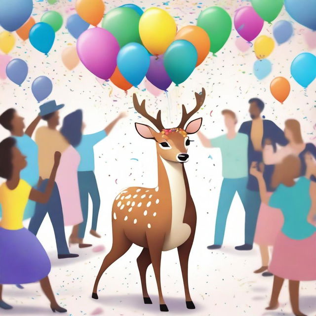 A deer at a lively party, surrounded by colorful decorations, balloons, and confetti