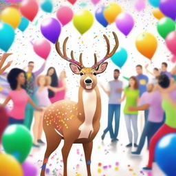 A deer at a lively party, surrounded by colorful decorations, balloons, and confetti