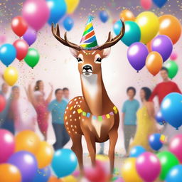 A deer at a lively party, surrounded by colorful decorations, balloons, and confetti