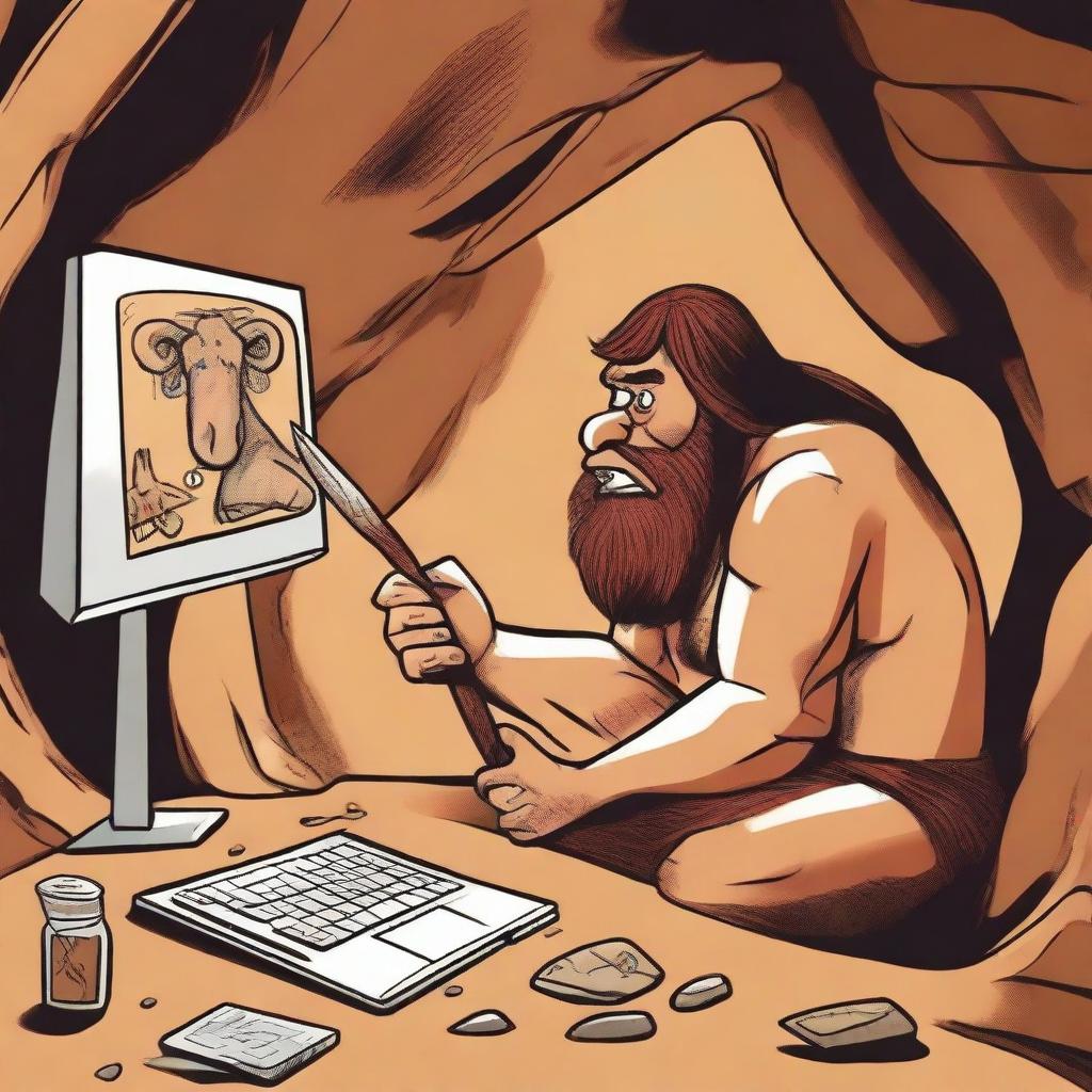 A caveman using a modern computer, sitting in a primitive cave with stone tools and cave paintings in the background