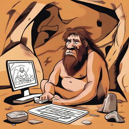 A caveman using a modern computer, sitting in a primitive cave with stone tools and cave paintings in the background