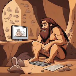 A caveman using a modern computer, sitting in a primitive cave with stone tools and cave paintings in the background