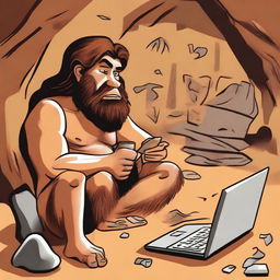 A caveman using a modern computer, sitting in a primitive cave with stone tools and cave paintings in the background