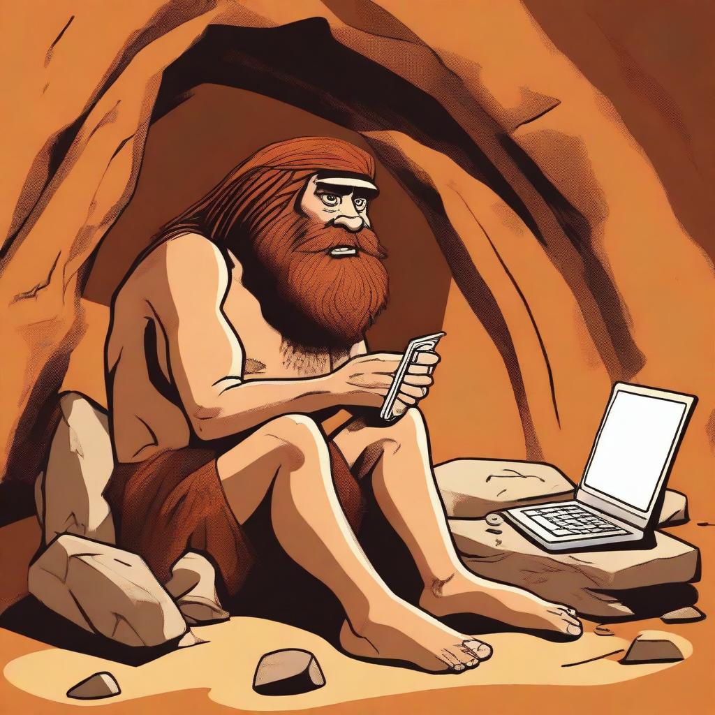 A caveman using a modern computer, sitting in a primitive cave with stone tools and cave paintings in the background