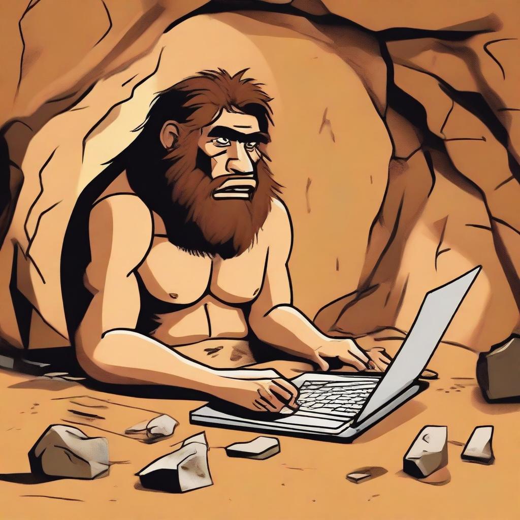 A caveman using a modern computer, sitting in a primitive cave with stone tools and cave paintings in the background