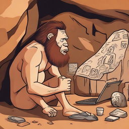 A caveman using a modern computer, sitting in a primitive cave with stone tools and cave paintings in the background