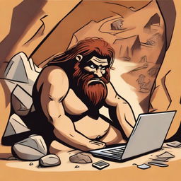 A caveman using a modern computer, sitting in a primitive cave with stone tools and cave paintings in the background