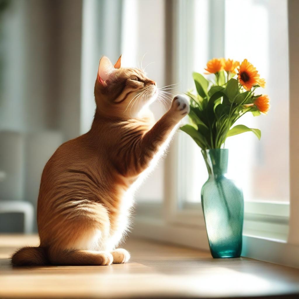 A mischievous cat caught in the act of knocking over a vase on a living room table