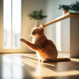 A mischievous cat caught in the act of knocking over a vase on a living room table