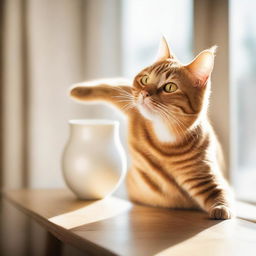 A mischievous cat caught in the act of knocking over a vase on a living room table