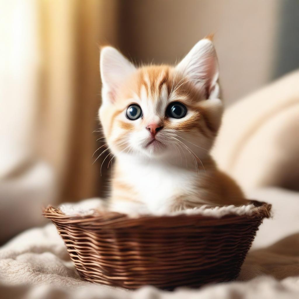 A cute kitten with big, round eyes and fluffy fur