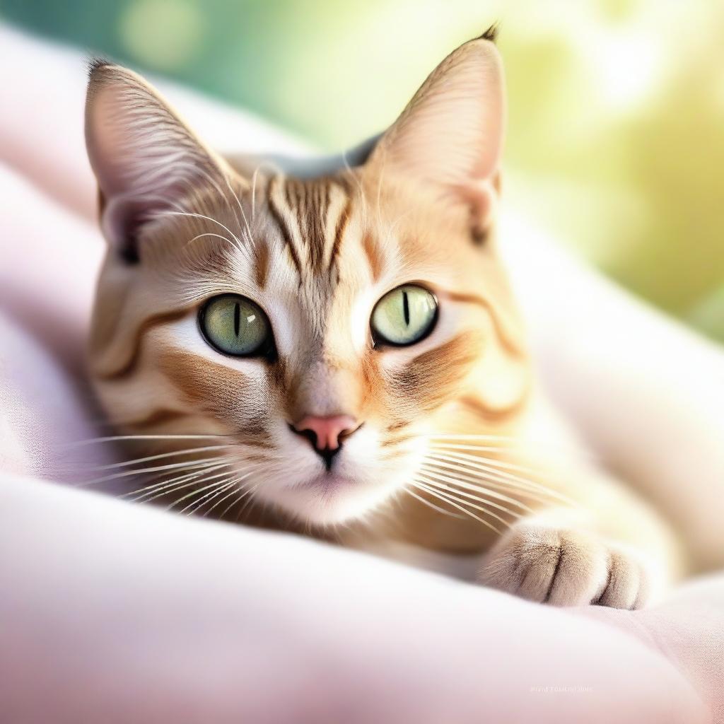 A serene and peaceful cat with a gentle expression, lying down on a soft cushion