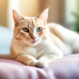 A serene and peaceful cat with a gentle expression, lying down on a soft cushion