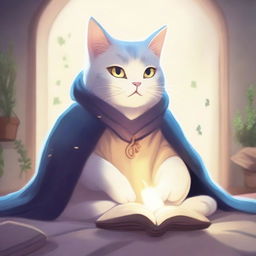 A magical cat with a gentle and wise expression, wearing a small healer's cloak