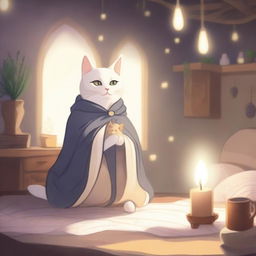 A magical cat with a gentle and wise expression, wearing a small healer's cloak