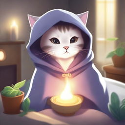 A magical cat with a gentle and wise expression, wearing a small healer's cloak